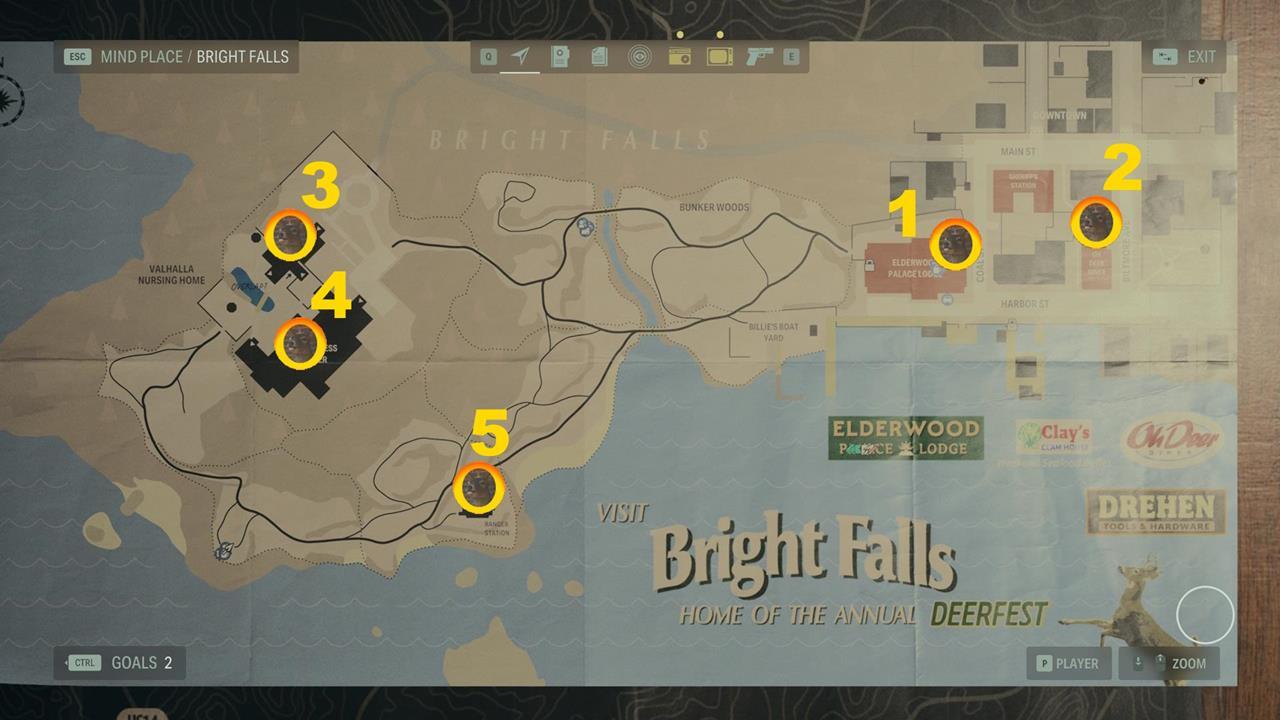 Une carte montrant les Deer Heads à Bright Falls.  