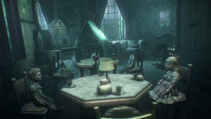 Une capture d'écran de The 7th Guest VR montrant d'étranges poupées assises autour de tables dans une crèche abandonnée depuis longtemps.