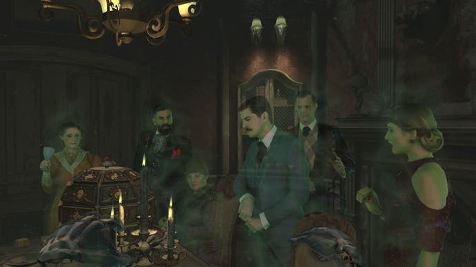 Une capture d'écran de The 7th Guest VR montrant six invités - interprétés par des acteurs numérisés - réunis autour d'une table dans une salle à manger sombre et resplendissante.