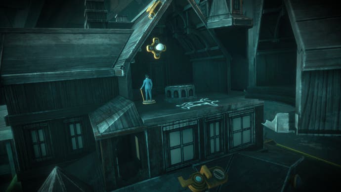 Une capture d'écran de The 7th Guest VR montrant un puzzle ressemblant à une version maison de poupée de Stauf Mansion.  Une réplique d’un invité se dresse près du contour à la craie d’un corps dans son minuscule grenier.