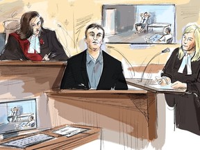 La juge Renee Pomerance, de gauche à droite, Nathaniel Veltman et la procureure de la Couronne Jennifer Moser sont vus au tribunal de London, en Ontario, dans un croquis de la salle d'audience réalisé le mercredi 18 octobre 2023.