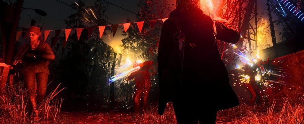 Saga using a flare against a group of Taken in Alan Wake 2