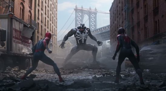 This guide walks you through how to skip cutscenes in Spider-Man 2. The image shows Peter Parker and Miles Morales facing Venom in an alleyway.
