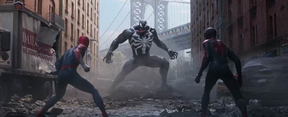 This guide walks you through how to skip cutscenes in Spider-Man 2. The image shows Peter Parker and Miles Morales facing Venom in an alleyway.