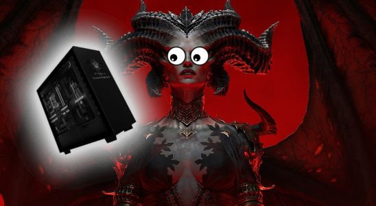 Diablo 4: Lilith with huge, cartoon eyes, looking at a PC case.