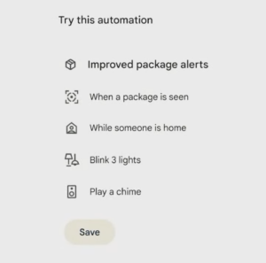 Capture d'écran de la démonstration de Google Home, montrant Google Home suggérant des automatisations de livraison de colis.