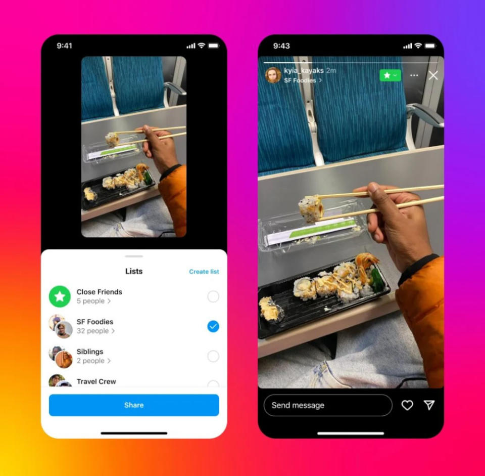Captures d'écran Instagram montrant une main tenant un sushi et plusieurs listes d'amis en dessous.