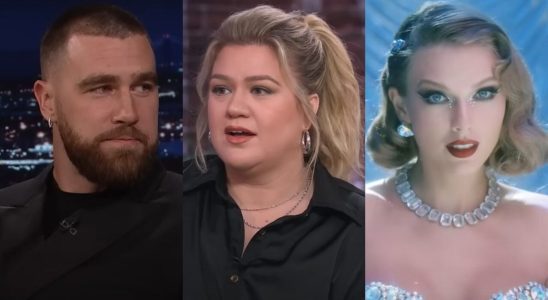Travis Kelce on The Tonight Show, Kelly Clarkson on The Kelly Clarkson Show and Taylor Swift in the Bejeweled music video
