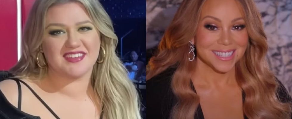 Screenshot of Kelly Clarkson on The Voice Season 23/Screenshot of Mariah Carey announcing tickets on sale for her