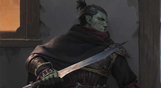 Orc Assassin in leather armor looking around corner holding dagger