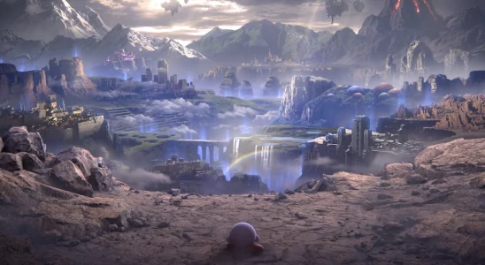 Kirby in the opening of Super Smash Bros Ultimate contemplating Nintendo and the company's new tournament guidelines