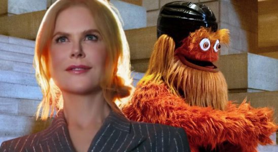 A composite image showing Nicole Kidman and Gritty as part of an article on the latter parodying the former's AMC ad.