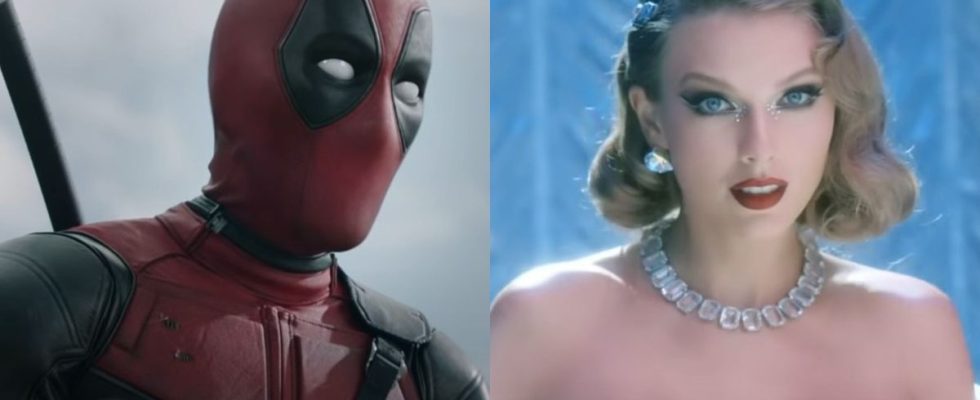 From left to right: screenshots of Deadpool in the Deadpool trailer and Taylor Swift in the Bejeweled music video.
