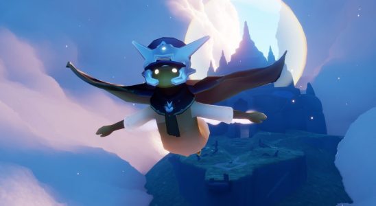 Sky Children of the Light - a player in a blue hat and cape flies away from a temple in the sky