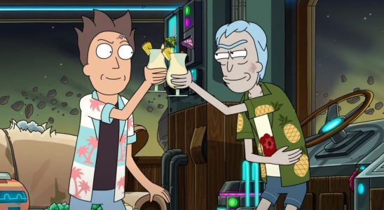 Jerry and Rick cheers with cocktails in RIck and Morty