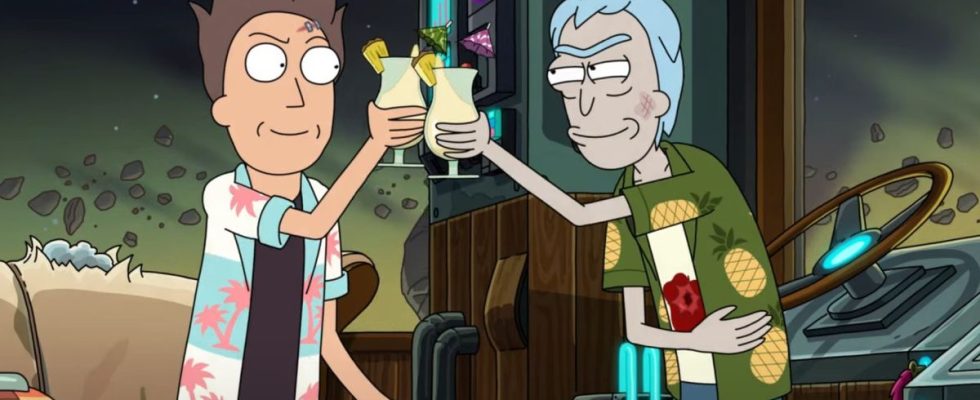 Jerry and Rick cheers with cocktails in RIck and Morty