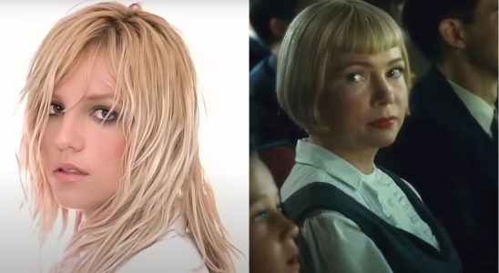 Britney Spears in the music video for Everytime and Michelle Williams in The Fablemans, pictured side by side.