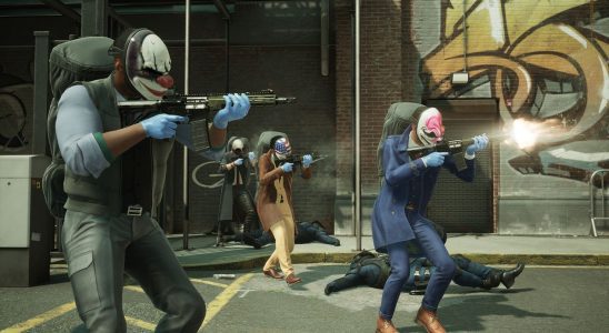 Three masked men firing weapons outside of a brick building
