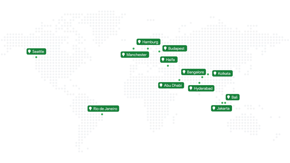 une carte du monde stylisée indiquant la douzaine de villes dans lesquelles le feu vert fonctionne.