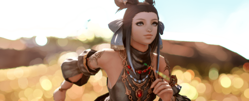 A female Viera in Dancer attire running through Thanalan in Final Fantasy 14.