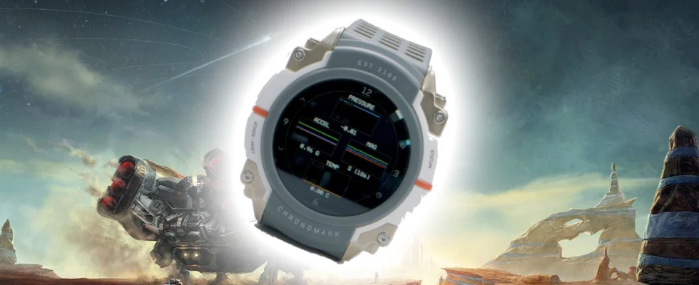 The Starfield watch with an image of a ship on a planet in the background.