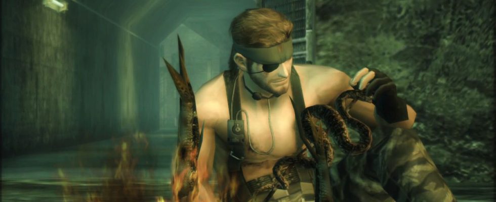 Naked Snake eats a snake in Metal Gear Solid 3: Snake Eater.