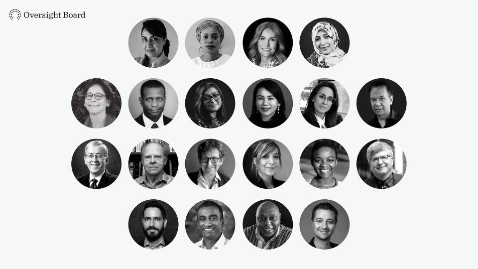 Collage de portraits des membres du conseil de surveillance de Meta.  Une série d'images circulaires montre des portraits en noir et blanc de chacun des 20 membres.