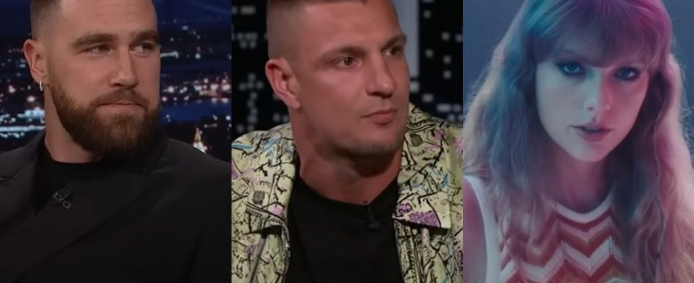 From left to right, screenshots of Travis Kelce on The Tonight Show, Rob Gronkowski on Jimmy Kimmel life and Taylor Swift in the Lavender Haze music video.