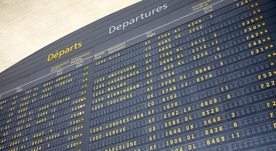 Electronic information board at Charles de Gaulle airport, France, Europe, EU