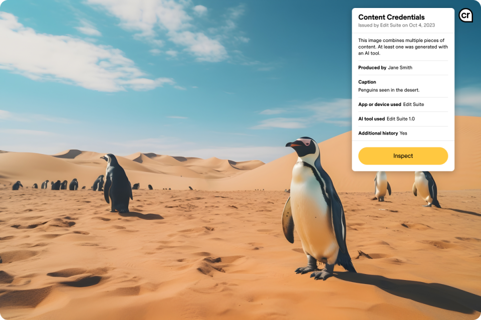 Image générée par l'IA de pingouins dans un désert avec la fenêtre d'informations sur les informations d'identification du contenu ouverte dans le coin supérieur droit