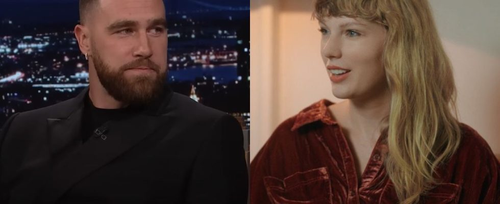 From left to right: a screenshot of Travis Kelce on The Tonight Show and a screenshot of Taylor Swift talking during the Long Pond Studio Sessions.