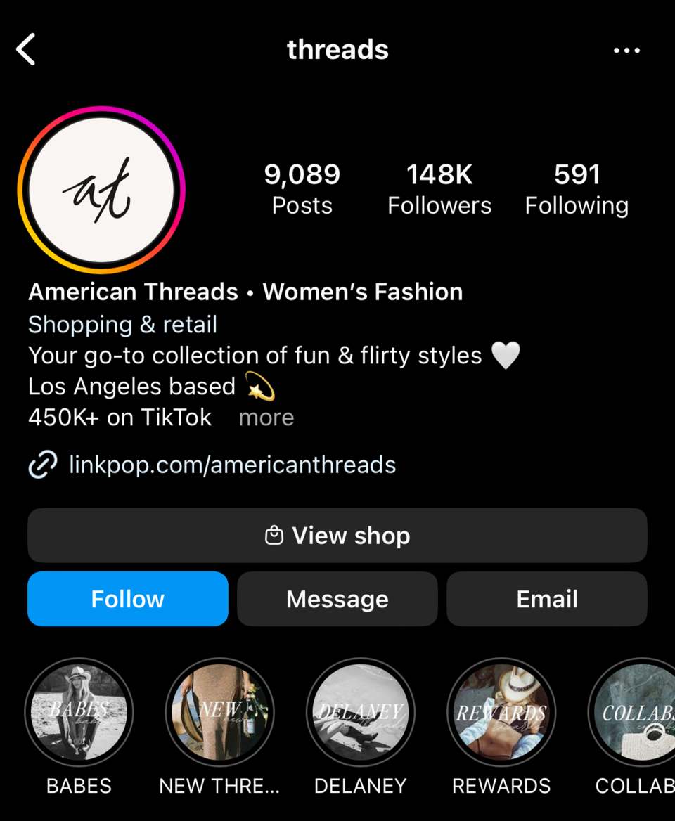 Un détaillant appelé American Threads possédait le compte Threads sur Instagram lors du lancement de Threads en juillet.