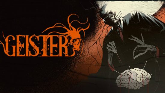 Un homme de style dessin animé en costume noir avec une cravate rouge se penche sur un cerveau en le poignardant avec des aiguilles avec « Geister » écrit à côté de lui
