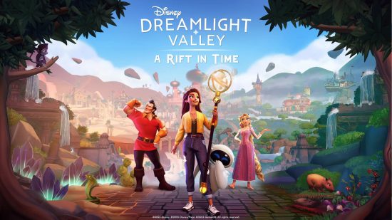 Disney Dreamlight Valley : A Rift in Time - Une affiche pour le nouveau pass d'extension, mettant en vedette Gaston, Raiponce et EVE.