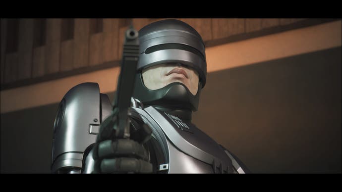 Une capture d'écran de RoboCop : Rogue City, montrant RoboCop face vers l'avant tenant son pistolet Auto-9.