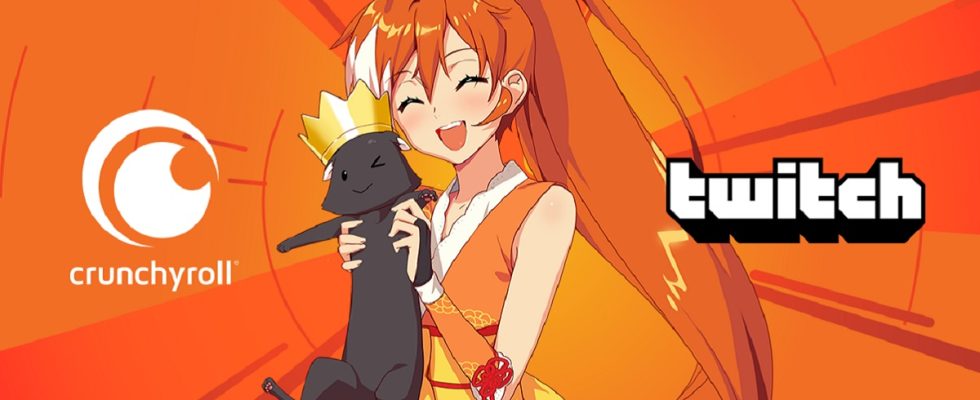 An anime girl holding a cat on a bright orange background in between the Twitch and Crunchyroll logos.