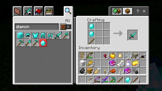 Recette de fabrication d'épée en diamant Minecraft : deux diamants et un bâton