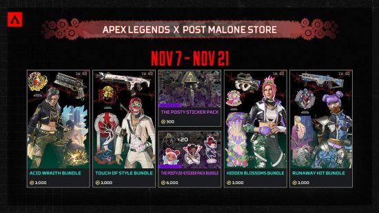 Une infographie montrant les nouveaux skins Post Malone Apex Legends et leur prix