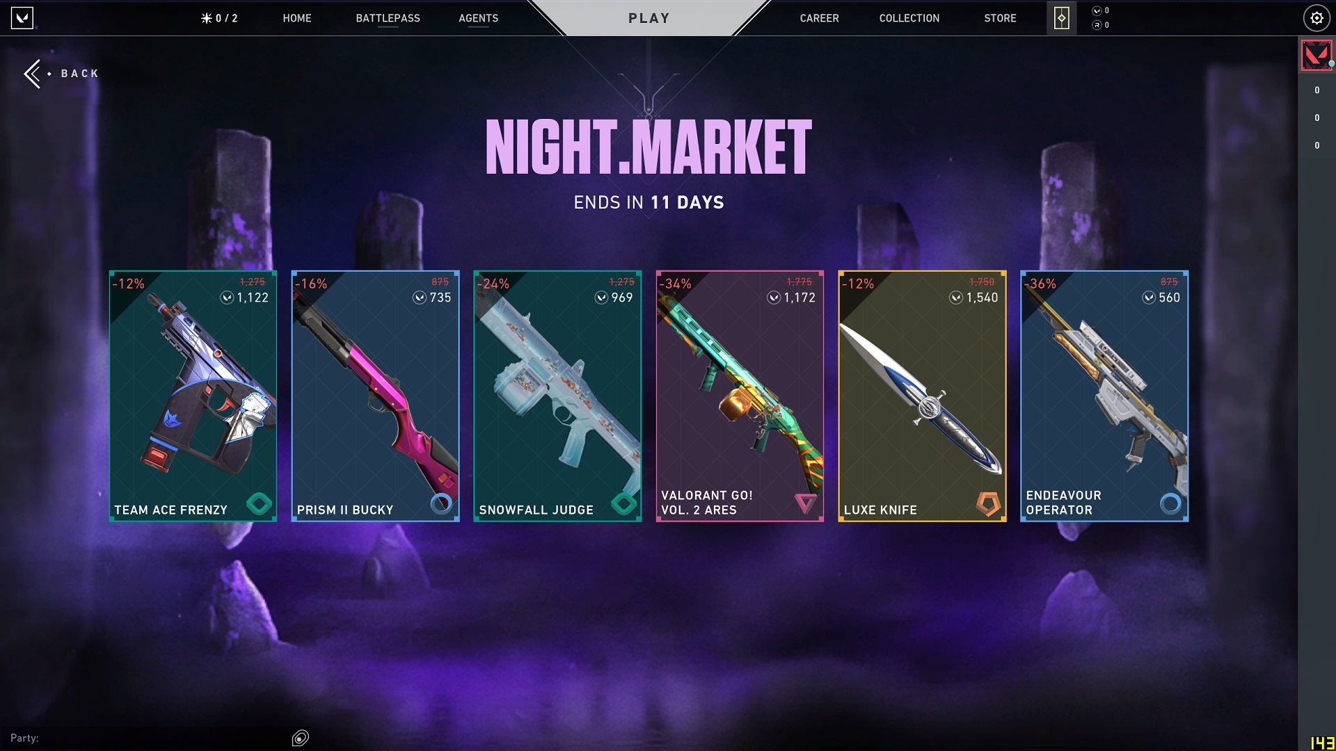 Une sélection de six skins d'armes aléatoires provenant d'un marché nocturne de Valorant