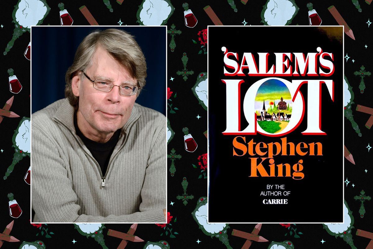 Une photo de Stephen King à côté de la couverture de son livre pour Salem's Lot