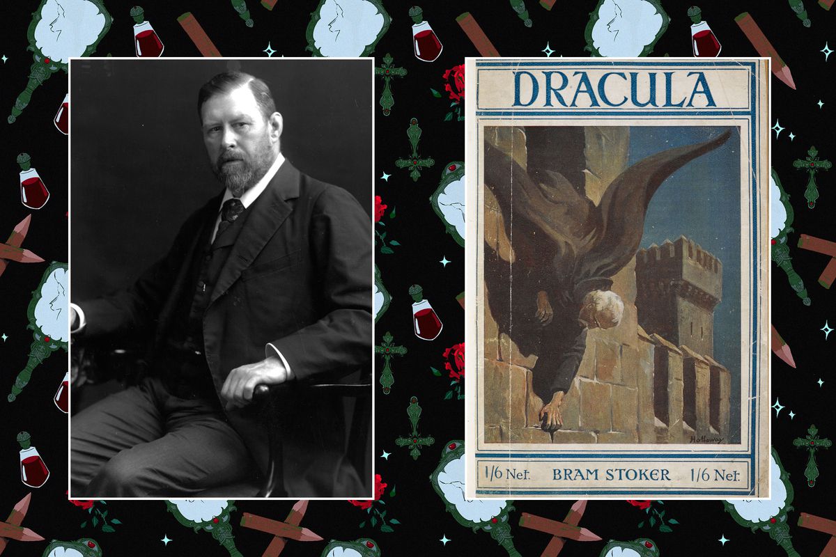 Un portrait de Bram Stoker à côté de la couverture de son roman Dracula de 1897, qui représente un homme traînant à la fenêtre d'un château.