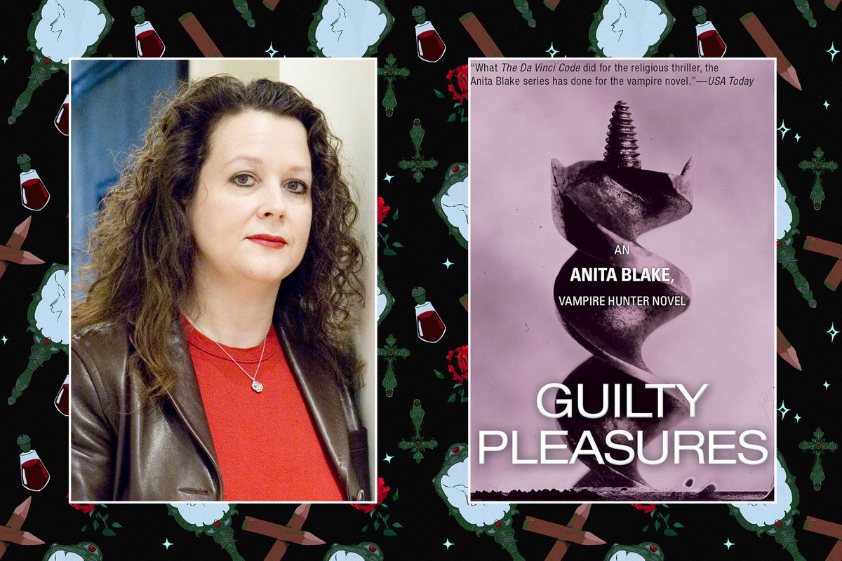 Un portrait de Laurell K. Hamilton à côté de la couverture de son livre Guilty Pleasures: An Anita Blake Vampire Hunter Novel