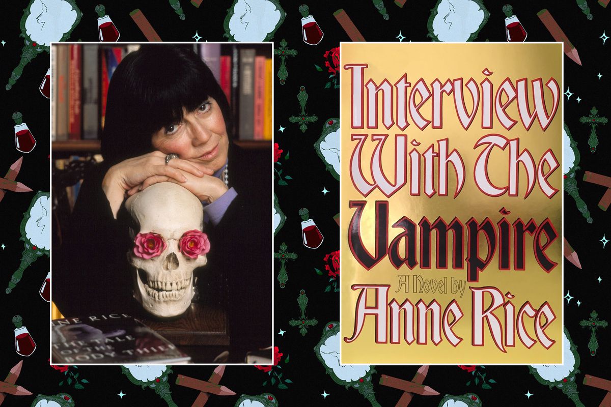 Un portrait d'Anne Rice appuyée sur un crâne à côté de la couverture d'Entretien avec un vampire