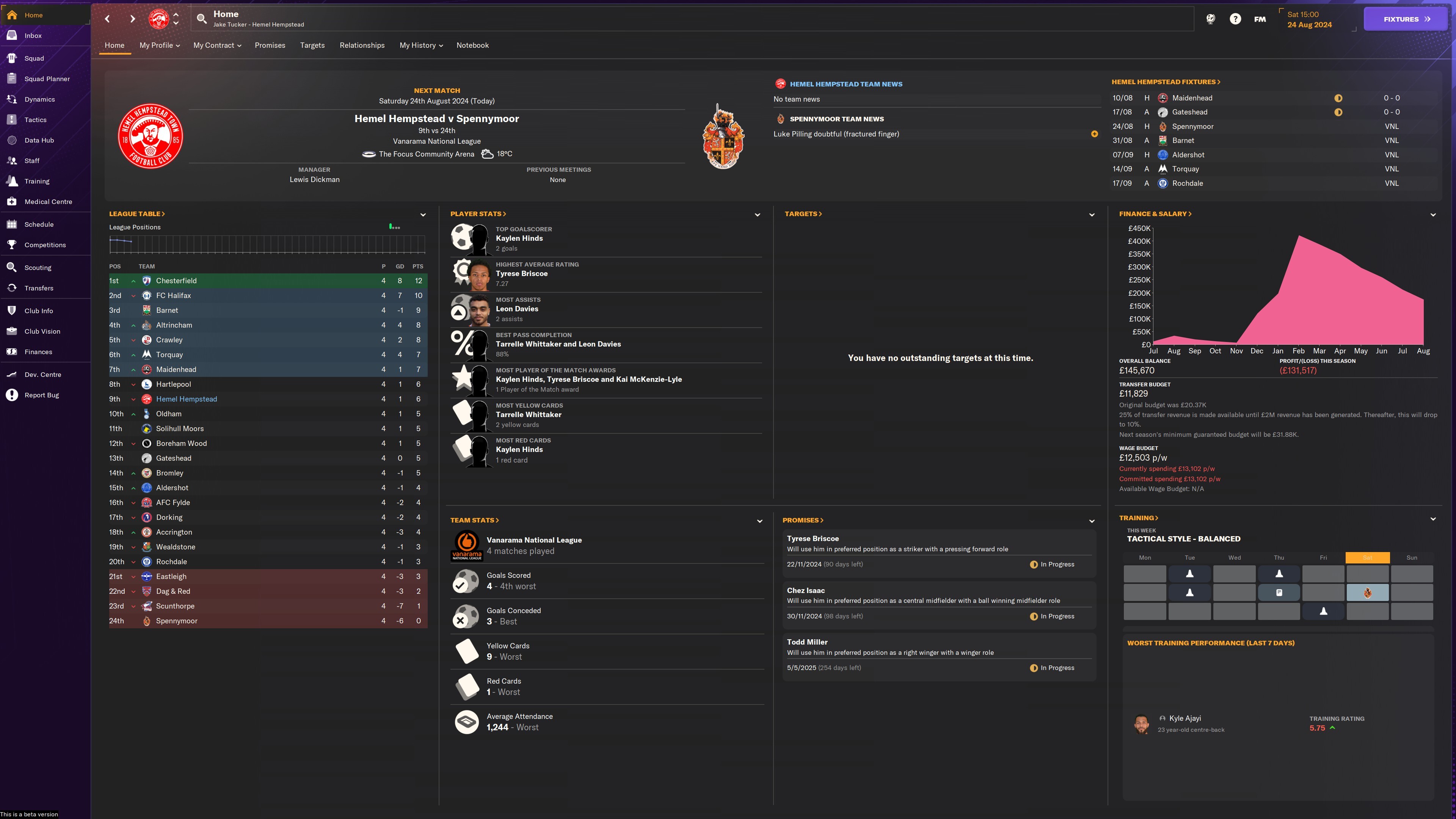 Capture d'écran de l'écran d'accueil de Football Manager 2024