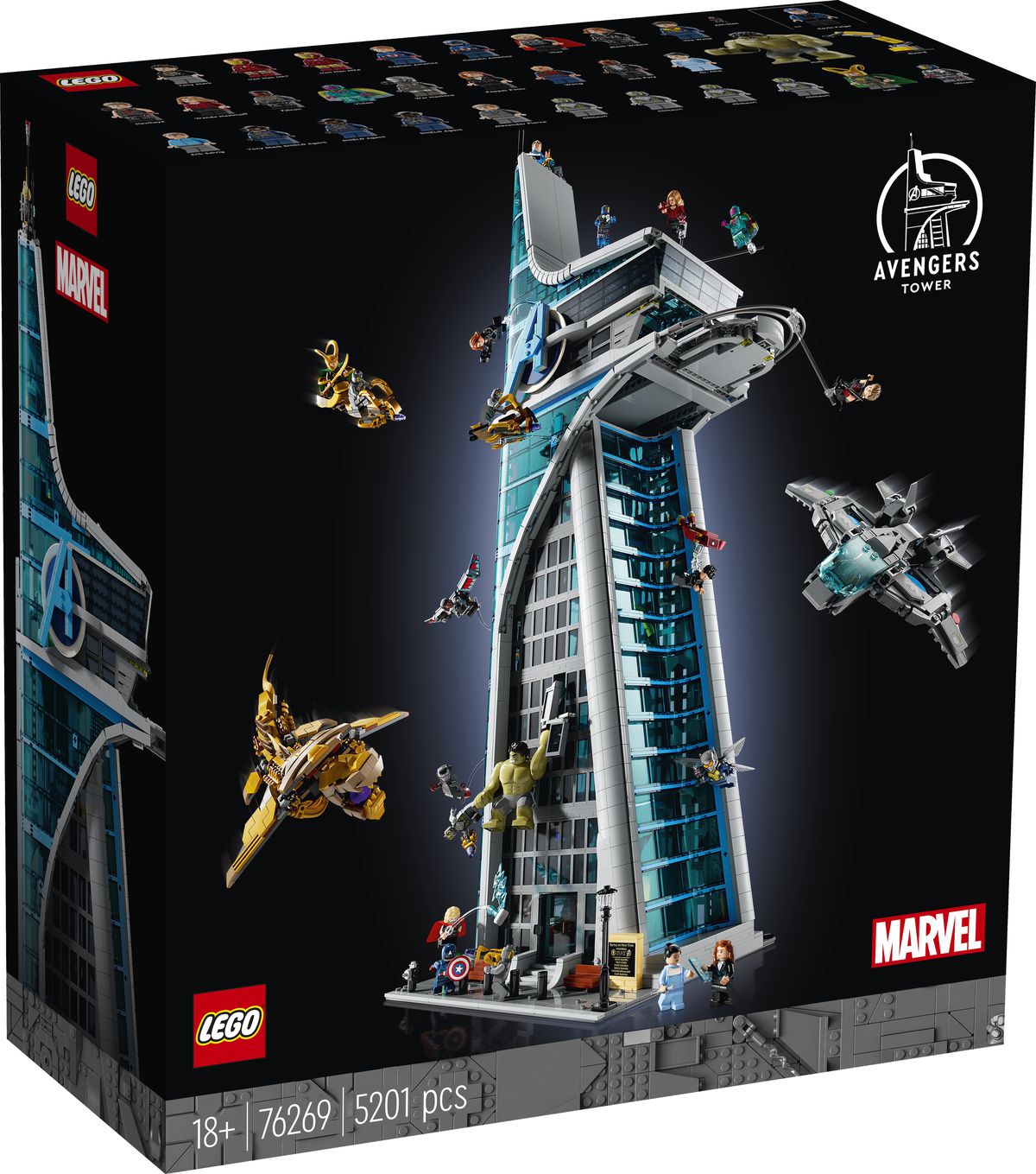 Une photo de la tour Lego Avengers, montrant diverses forces Avengers et Chitauri se battant à l'extérieur.