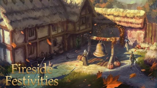 Mise à jour d'Age of Empires 4 - Plusieurs villageois se rassemblent autour d'une grande cloche de ville pour l'événement Fireside Festivities.