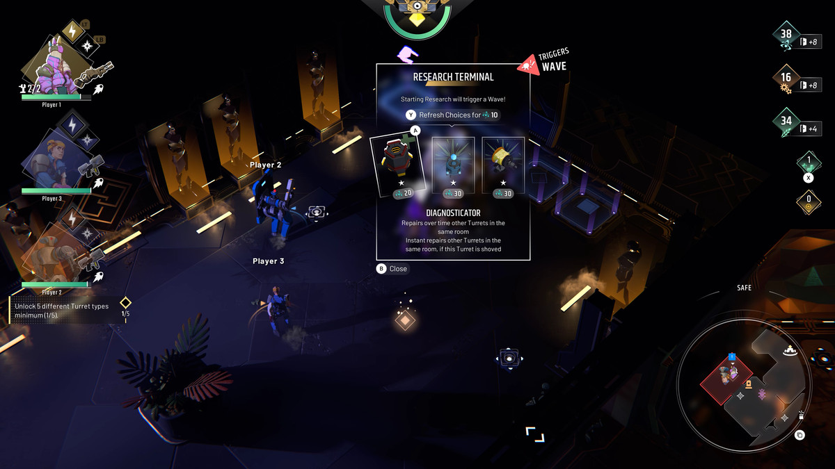 Un joueur choisit entre plusieurs nouvelles variantes de tourelle dans un terminal de recherche dans Endless Dungeon.