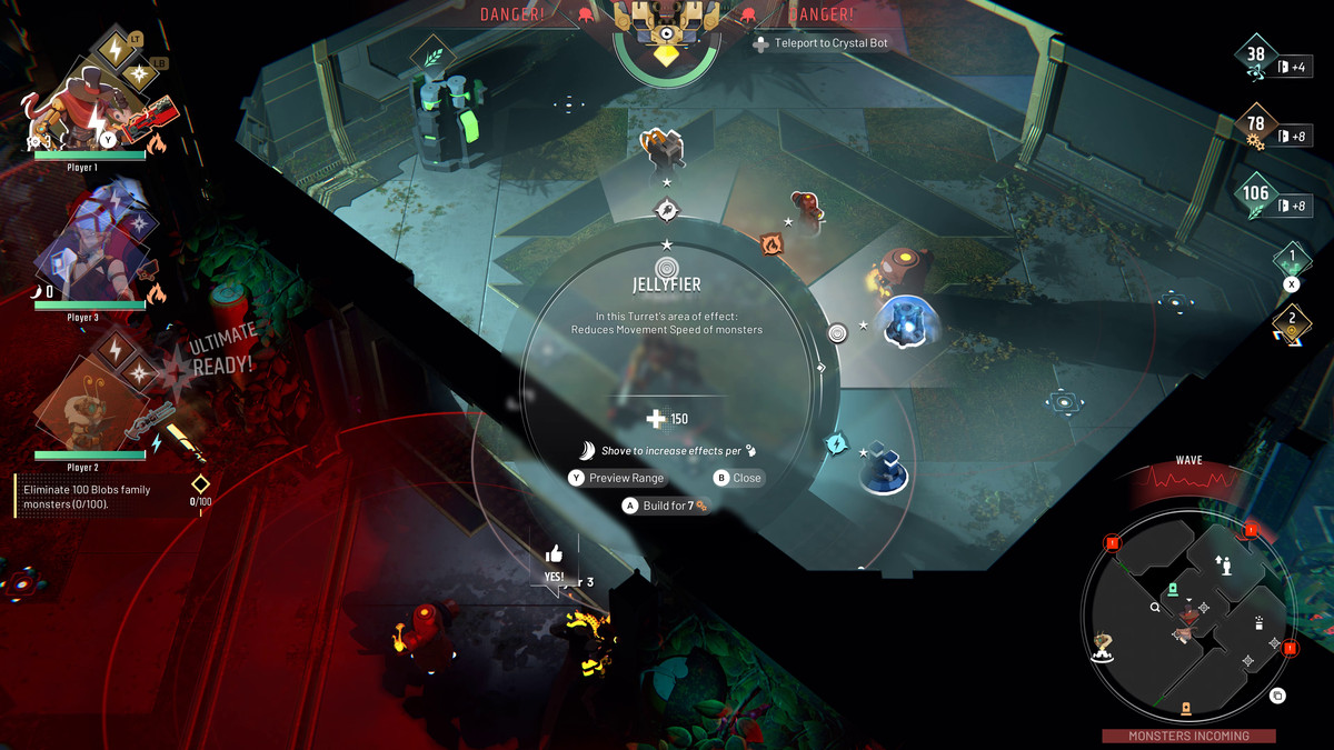 Un joueur sélectionne quelle tourelle construire sur un module dans Endless Dungeon, qu'il s'agisse d'un lance-flammes ou d'une boule Tesla.