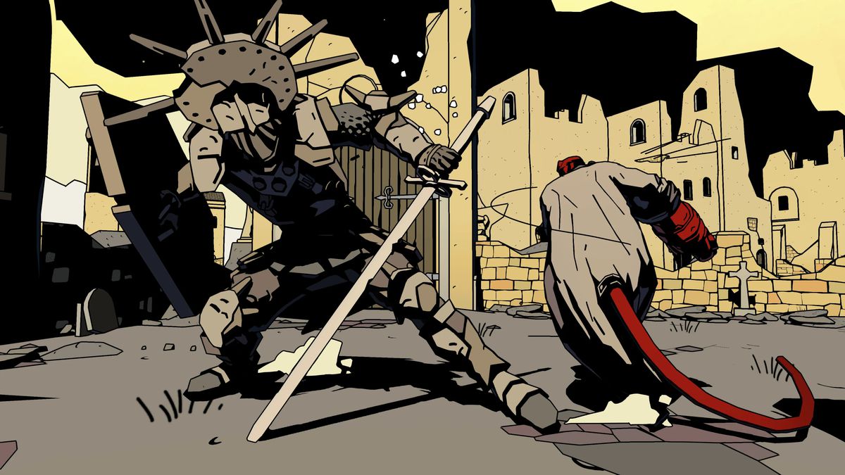Hellboy frappe un ennemi blindé tenant un bouclier et une épée dans Hellboy Web of Wyrd.