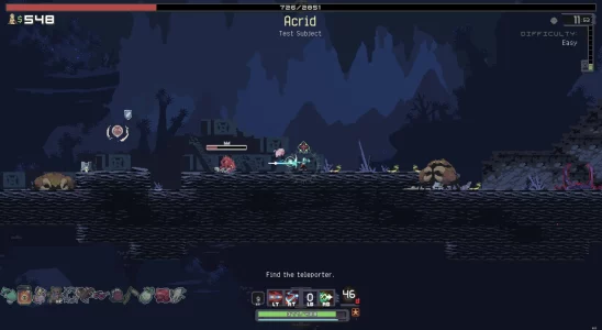 How to Unlock & Beat Acrid in Risk of Rain Returns. This image shows Huntress beating up Acrid.